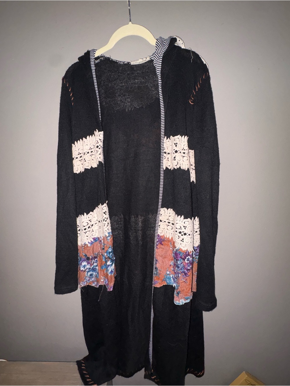 gimmicks by BKE Black Hooded Cardigan with Cream Crochet & Floral Panels
